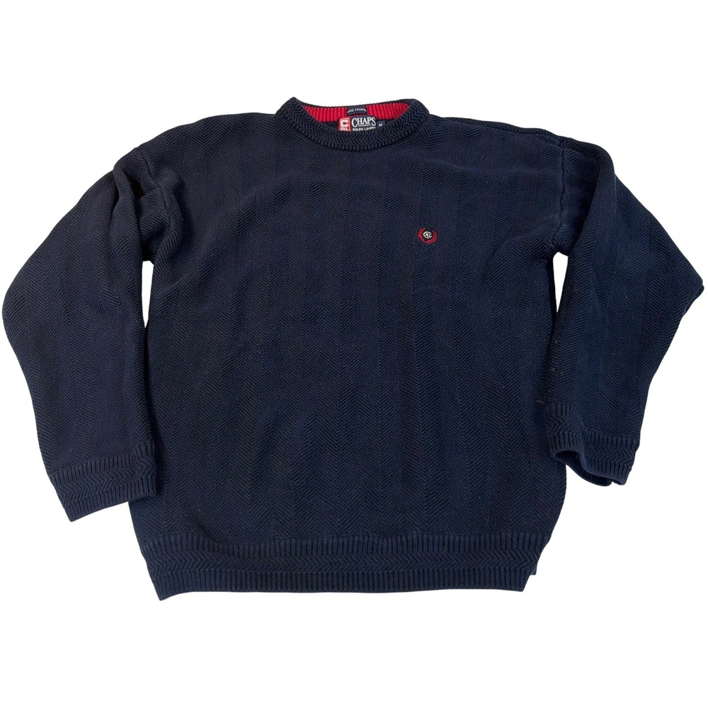 VTG Chaps‎ Ralph Lauren Sweater Navy Blue Chevron Knit Cotton Crewneck Mens Med